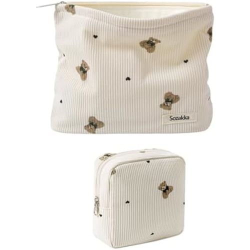 uekeboag 2Pcs Cute Small Soft Corduroy Zipper Makeup Bag for Purse, Coquette Aesthetic Pouch with Bear Pattern for Women Girls, Kawaii Travel Cosmetic Bags（Beige Set）