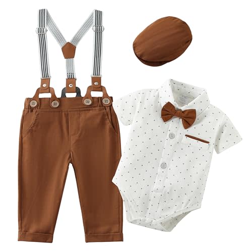 ZOEREA Baby Boy Suit Gentleman Outfit Clothes Infant Tuxedo Short Sleeve Dress Shirt+Suspender Pants+Bowtie+Hat 0-18M