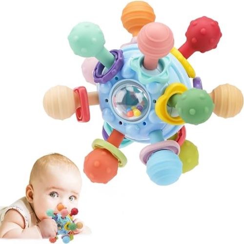 Baby Montessori Sensory Teething Toy 0-6 6-12 Months, Teether Ball & Rattle