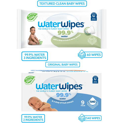 WaterWipes Combo Pack Baby Wipes, Unscented & Sensitive Skin, 9 Resealable Packs (540 Wipes)