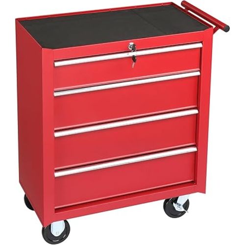 Winado 4-Drawer Tool Chest with Wheels & Lock & Key, Heavy Duty Cart Rolling Tool Box on Wheels, Metal Storage Cabinet, Rolling Tool Cart with Drawers for Garage, Warehouse & Repair Shop (Red)