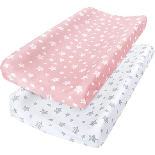 Changing Pad Cover for Girls 2 Pack, Lovely Print Soft Unisex Diaper Change Table Sheets, Fit 32"x16" Contoured Pad, Comfy Cozy 2-Pack Cradle Sheets, Pink&White