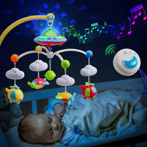 Baby Musical Crib Mobile with Hanging Rotating Toys, Remote Control, Lights Projector Function Music Box, Cartoon Rattles for Babies Boy Girl 0-24 Months, Newborn Sleep with 108 Melodies (Plane)