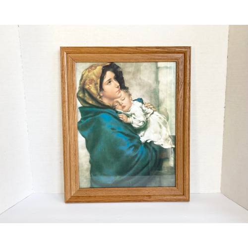Vintage Framed Madonna Of The Streets Print Wood Frame | Religious Art Cool Tones