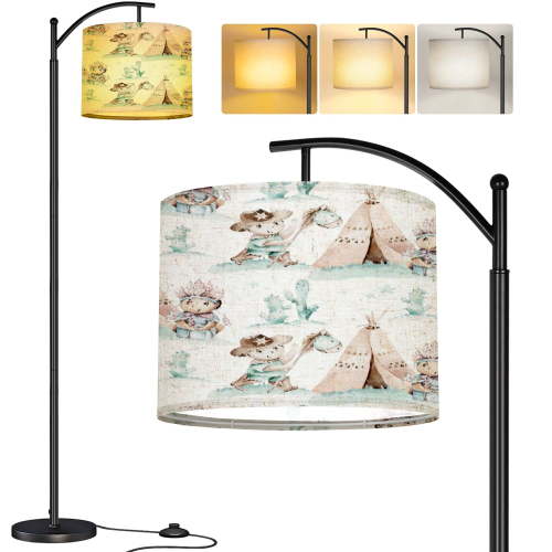 Arc Floor Lamp Western baby boy cowboy cowboy hat sitting hay bales Cartoon sheriff Tall Modern Standing Lamp LED Adjustable Linen Lampshade 3 Color Temperatures