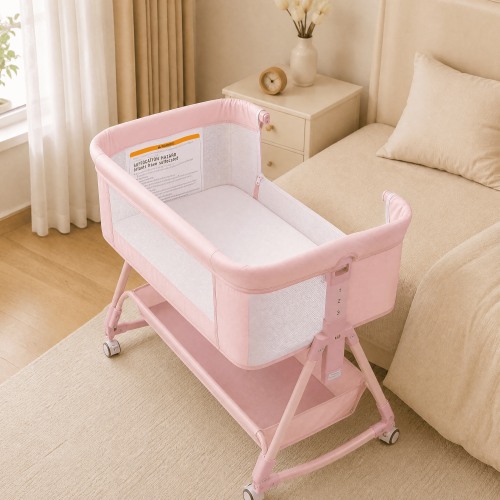 PRVAETU Baby Bassinet, 3-in-1 Baby Bassinet Bedside Sleeper with Wheels, Adjustable Easy Folding Portable Rocking Crib for Infant Newborn ,Pink