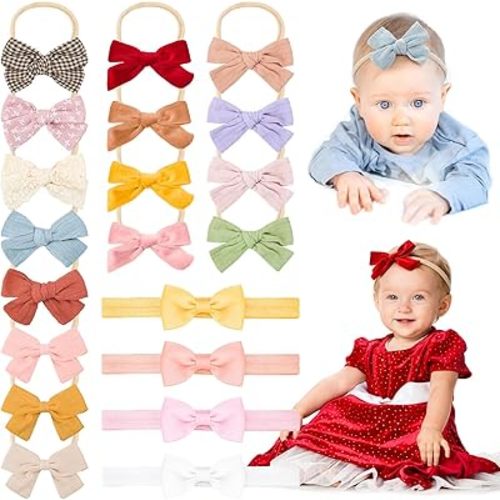 20 Pack Baby Girls Hair Bows Headbands Nylon Elastic Hair Bands Ribbon Bow Hair Accessories for Newborns Infants Toddlers Photo Props