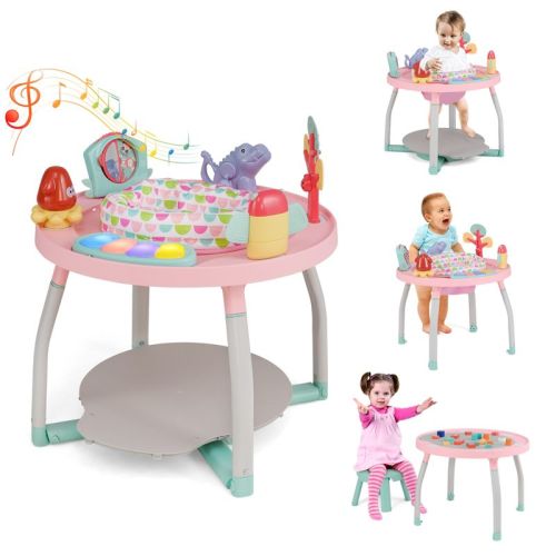 Safstar 5 in 1 Baby Activity Center w/Rotary Seat, 3 Adjustable Heights, Music & Lights, Infant Jumper & Standing Play Table for Babies, Pink