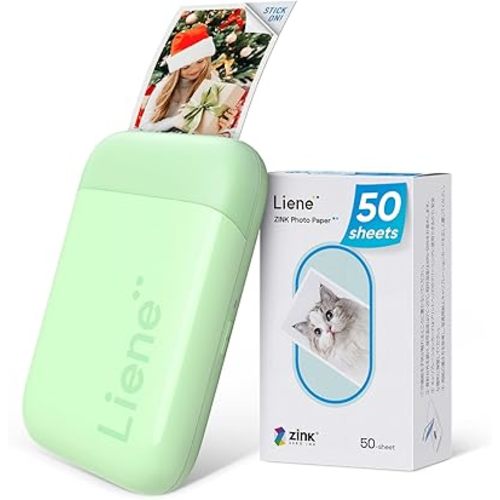 Liene Photo Printer, 2x3” Mini Portable Instant Photo Printer Bundle w/ 50 Zink Adhesive Paper, Bluetooth 5.0, Compatible w/iOS & Android, Small Color Mono Picture Printer for iPhone, Smartphone Green