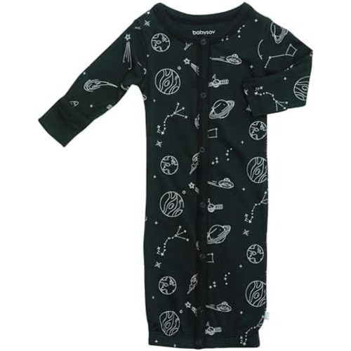 Babysoy Baby Long Sleeve Gown Sleep Sack, Ultra Soft Nightgown, Modern Prints, Reversible Mittens