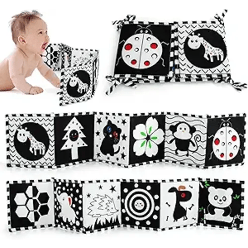 Cawgug Black and White High Contrast Baby Toys for Newborn Brain Development Tummy Time Soft Book Babies 0-3 6-12 Months Montessori Learning Activities Infant and Sensory Visual Stimulation Toys