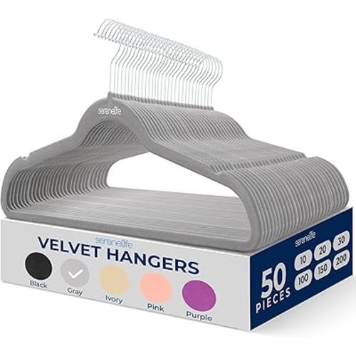 SereneLife 50 Pack Velvet Hangers - Non-Slip, 360° Swivel Hook - Ultra-Thin, Lightweight Velvet Hangers for Shirts, Sweaters, Hoodies, Kids Clothes & Dresses - Space-Saving