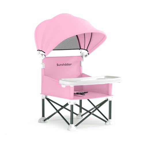 Portable Baby Booster Seat with Removable Tray & Canopy - 3 Point Safety Harness, Compact Fold for Travel, Indoor Outdoor Use for Infants & Toddlers, Pink