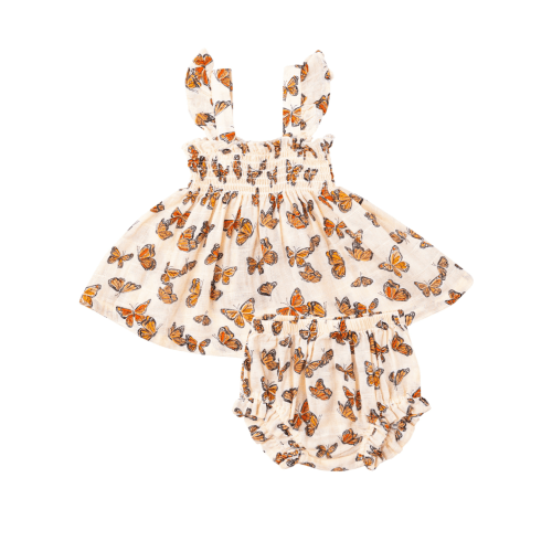 Ruffle Strap Smocked Top & Bloomer, Painted Monarch Butterflies