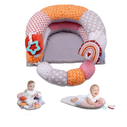2-in-1 Tummy Time Baby Mat & Seated Support Pillow, Tummy Time Cushion with Detachable Support Prop and Toys, for Early Development Support for Newborns and Older Babies