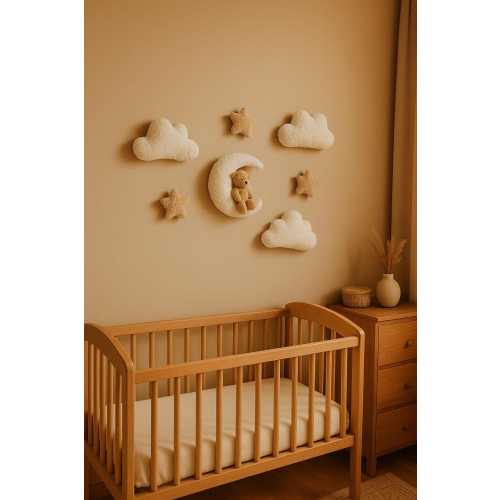 Nursery Wall Decor Set – Moon with Teddy Bear, Clouds & Stars | Neutral Baby Room Decoration | Baby Shower Gift