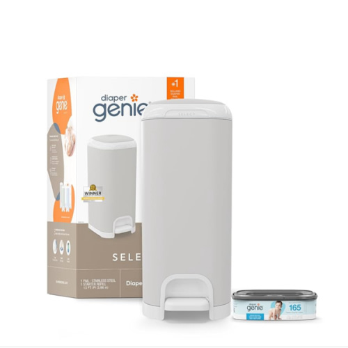 Diaper Genie Select Pail (Grey) is Made of Durable Stainless Steel and Includes 1 Starter Square Refill That can Hold up to 165 Newborn-Sized Diapers.