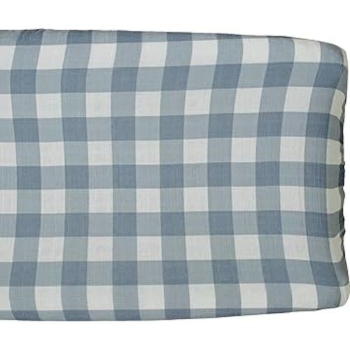 Mebie Baby Changing Pad Cover, Dusty Blue Gingham, 100% Muslin Cotton Changing Table Pad Cover for Boy and Girl, Designer Nursery Decor Covers, Diaper Changing Pad Cover for Changing Station