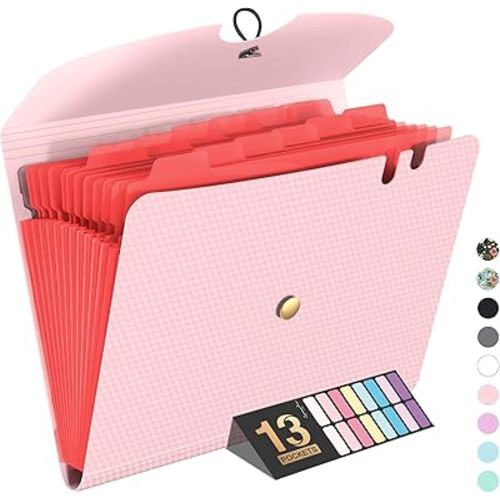 Sooez Expanding File Folder, 13 Pocket Accordion File Organizer, Monthly Expandable File Folder for Documents with Labels, Portable Bill Receipt Organizer for School Office Supplies, Letter A4 Size