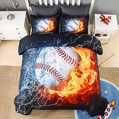 Andency 3D Baseball Comforter Twin(66x90 Inch), 2 Pieces(1 Baseball Comforter, 1 Pillowcase) Sport Polyester Baseball Bedding Set for Boys Kids Teens
