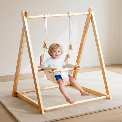 ROMSPRI Baby and Toddler Foldable Wooden Swing Set with Stand, Foldable Indoor Baby Swing Set with Seat Belt, Extension Straps for Toddlers Aged 6-36 Months Perfect for Home,Child Daycare, Preschool