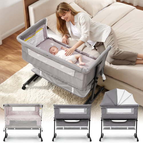 kmaier Baby Bassinet, Foldable Bedside Sleeper Crib with Storage Basket, Breathable Mesh, Light Gray