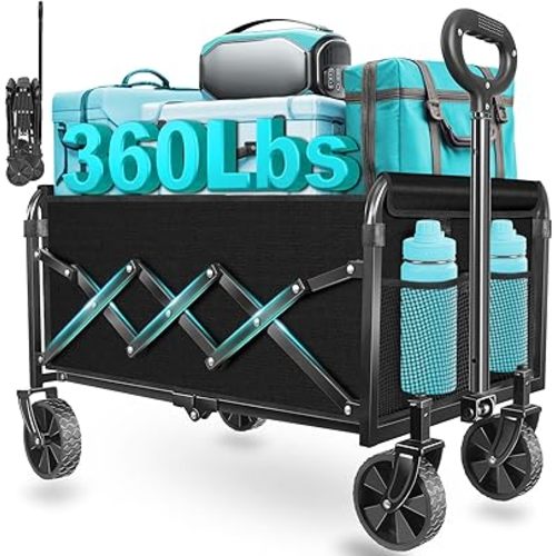 Wagons Carts Foldable, Collapsible Wagon with Wheels — Foldable Wagon for Groceries,Picnic,Beach,Camping, Small Hauls, Apartment Moving Storage, Portable Utility Folding Wagon Cart, 360lbs,Jet Black
