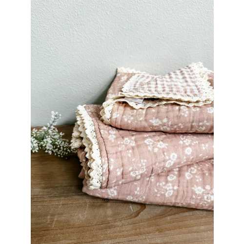 Tan Sweet Pea Lace Muslin Blanket, Floral Lace blanket, Lace Swaddle, Newborn Blanket, Lace baby blanket, 6 layer blanket