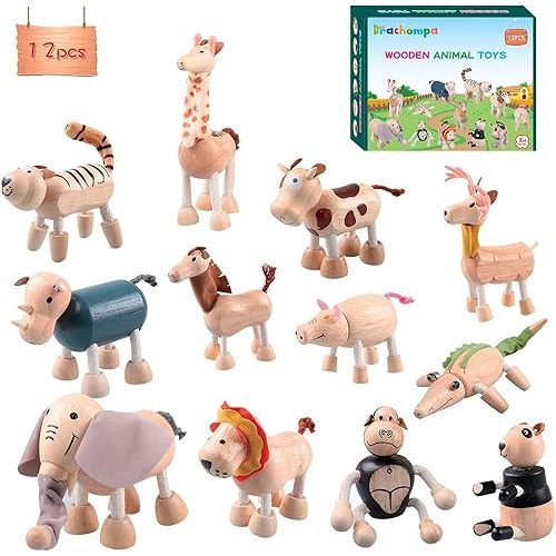 12PCS Bendable Wooden Animal Toys, Fun and Posable Animal Toys Figures for Early Education, Safari Wood Toy for Kids, Smooth Natural Wood, Wood Animal Learning Toy for Children