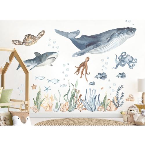 Underwater Adventure with Whale, Shark, Octopus, and Turtle Wall Decal - Removable Peel and Stick - BR410