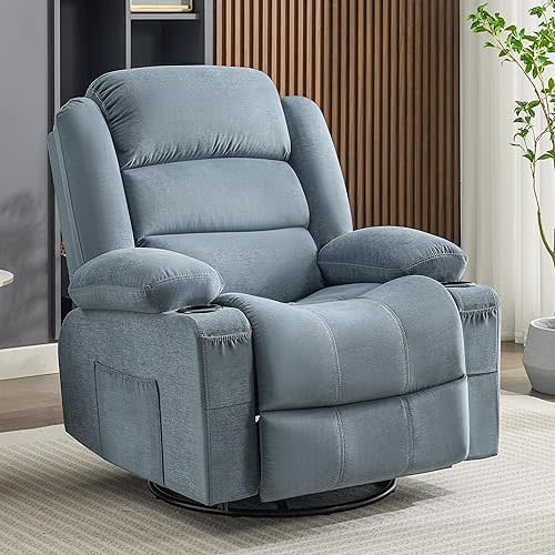 Rocker Recliner Chair with Heat and Massage, 360° Swivel Nursery Rocking Chairs for Adults, Oversized Recliner Single Sofa Seat with Cup Holders, Lazy Boy Recliner Single Sofa (Manual, Blue)