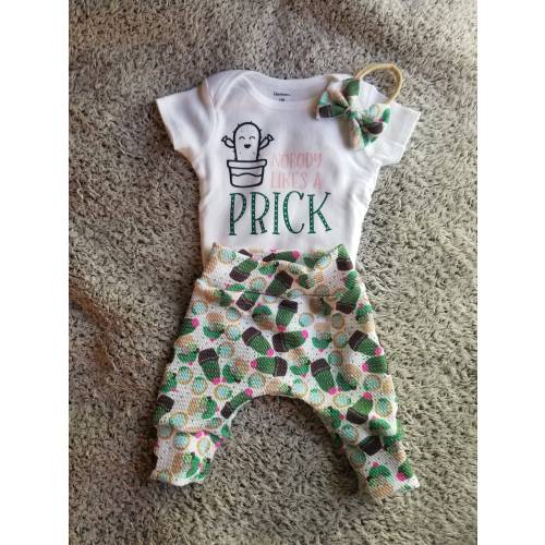 Cactus Baby Outfit: Jogger Pants, Bodysuit & Headband (0-3 Months)