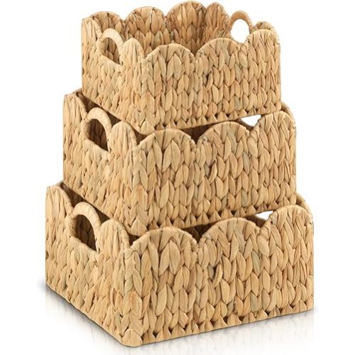 3 Pack Scalloped Edge Basket Hand Woven Wicker Storage Baskets Rattan Baskets with Handles for Organizing and Storage