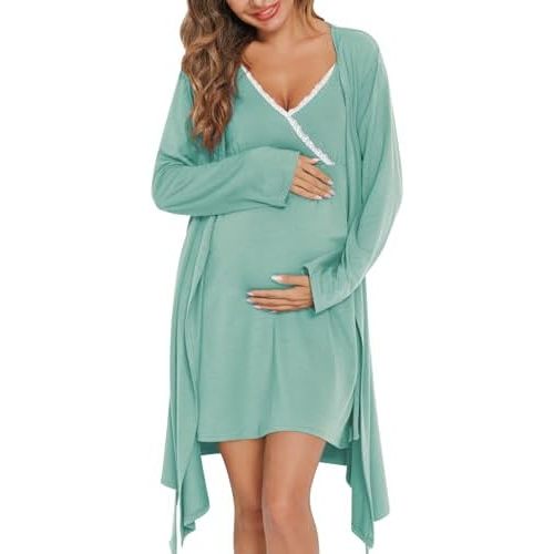 SWOMOG Womens Maternity Robe 2 Piece Nursing Nightgown for Breastfeeding 3 in 1 Labor Delivery Nursing Dress Lace Bathrobe