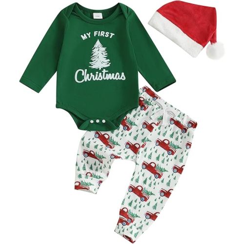 Amuver Newborn Baby Boy Christmas Outfit My First Christmas Long Sleeve Romper Bodysuit Pants Santa Hat 3Pcs Clothes Set