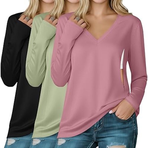 Huukeay 3 Pack Women's Long Sleeve Nursing Tops, Breastfeeding Hidden Zippers Shirts V Neck Maternity Pregnancy Tees Clothes
