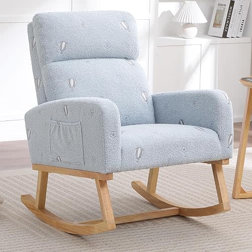 Rocking Chair Nursery, Sherpa Nursing Rocking Chairs, Upholstered Nursery Glider Rocker for Mom Nursery Morden Rocking Chair with Side Pocket for Living Room,Bedroom,Teddy Blue Printed