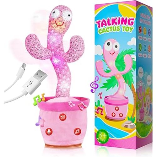 Rechargeable Dancing Talking Cactus Toy for Toddlers 18 Months+, Baby Girl Toys with Volume Adjustable, Mimicking, Recording and Singing, Baby Gifts, Easter Basket Stuffers for Girls Boys