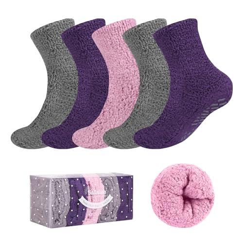 Bulinlulu Fuzzy Socks With Grips for Women, 5 Pairs Non Slip Sleep Warm Fluffy Slipper Socks Gifts for Women