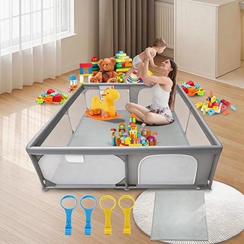 Baby Playpen with Mat 47x47 Inch - Play Yard with Thick Padded Floor Included, 360° Breathable Mesh for Toddlers, Indoor & Outdoor Activity Center, 2 Zipper Doors, Safe Fence for Infants