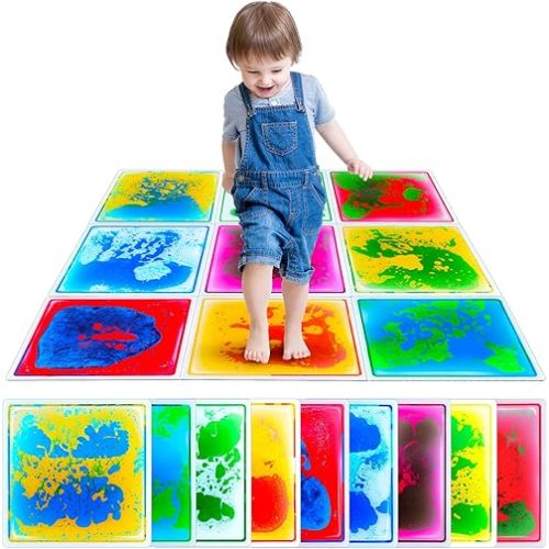 Sensory Floor Tiles: Liquid Play Mats Sensory Pads for Kids Toddlers, 9PCS Autism Sensory Toys, 12"x12" Lava Tiles for Dancing Learning, Special Education Classroom Must Haves, Gross Motor Development
