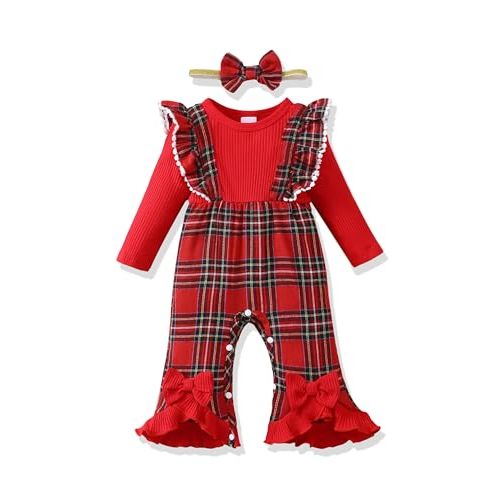Renotemy Newborn Baby Girl Clothes Fall Winter Outfit Ribbed Romper Plaid Overalls Jumpsuit Infant Girl Outfits 0-18 Months