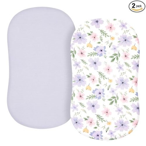 TILLYOU Baby Bassinet Sheets for Girls Boys 2 Pack Baby Sheets for Square Rectangle Oval Bassinet Mattress 33X16 Inch, Brilliant Little Flowers and Purple