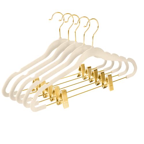 MIZGI Premium Velvet Pants Hangers with Adjustable Clips (Pack of 20) - Slim Skirt Hangers - Non Slip Felt - Ivory/Gold