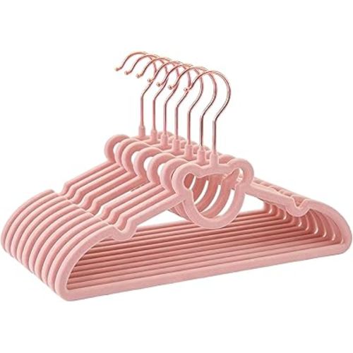 60 Pack Pink Velvet Baby and Kids Clothes Hangers - 12.6in for Ages 4-10, with Cute Bear, Rotating Rose Gold Hook, Non-Slip, Space-Saving Slim Felt Hangers for Toddler Coats, Jackets, Dresses