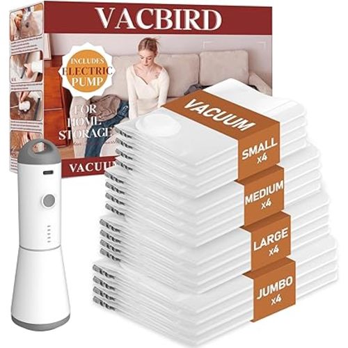 Vacuum Seal Bags for Clothing, 16 Pack Vacuum Storage Bags with Rechargeable Cordless Air Pump(4J+4L+4M+4S), Space Saver Bags for Clothes Blanket Duvets Pillows Comforters Travel