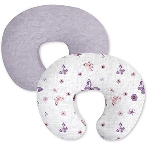 Little Grape Land Muslin Nursing Pillow Covers 2 Pack, 100% Cotton Removable Breastfeeding Pillow Covers, Feeding Pillow Slipcovers for Baby Boys & Girls, (Purple Butterfly & Purple)