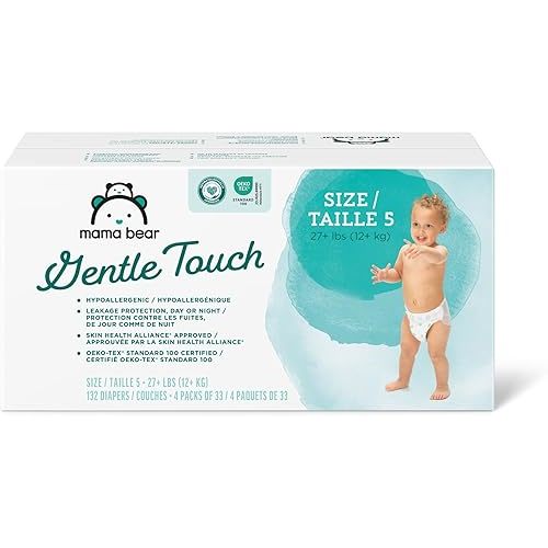 Amazon Brand - Mama Bear Gentle Touch Diapers, Hypoallergenic, Size 5, 132 Count (4 packs of 33), White
