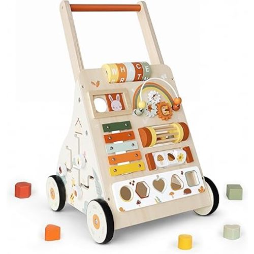 Wooden Baby Walker with Wheels, Baby Push Walker Activity Center for Babies 18 Months+, Montessori Walking Toy for Learning to Walk, Toddler 1st Birthday Gift