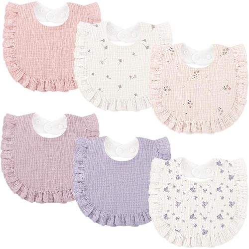 Bearmoss 6 Pack Baby Girl Bibs for Newborn, Muslin Bibs with Ruffle Trim